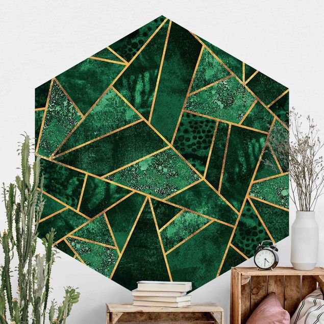 Geometrisk tapet Dark Emerald With Gold