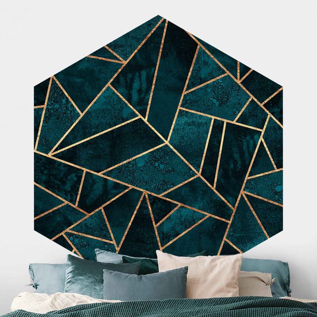 Tapet geometrisk Dark Turquoise With Gold