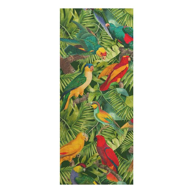 Prints på træ blomster Colourful Collage - Parrots In The Jungle