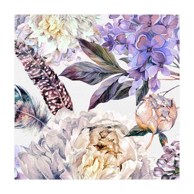 Gulvtæppe pastel Delicate Watercolour Boho Flowers And Feathers Pattern