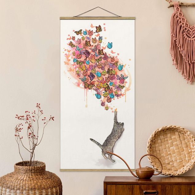 køkken dekorationer Illustration Cat With Colourful Butterflies Painting