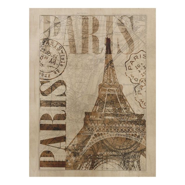 Prints på træ vintage Shabby Chic Collage - Paris