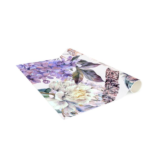 blomstret gulvtæppe Delicate Watercolour Boho Flowers And Feathers Pattern