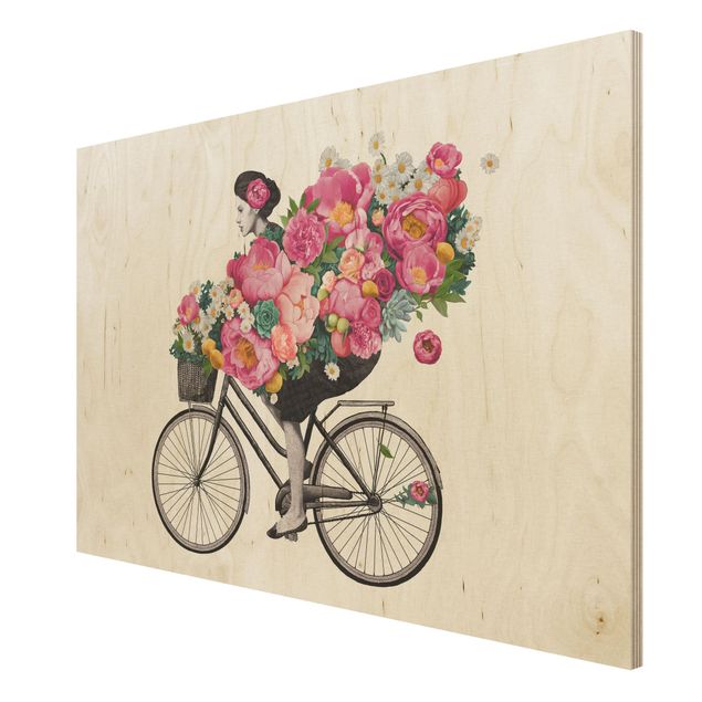 Prints på træ blomster Illustration Woman On Bicycle Collage Colourful Flowers