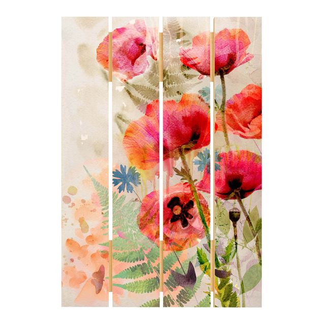 Prints på træ Watercolour Flowers Poppy
