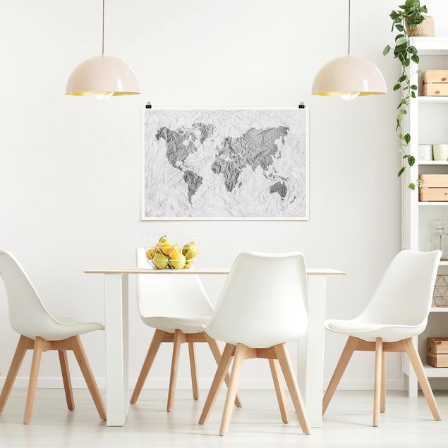 Plakater verdenskort Paper World Map White Grey