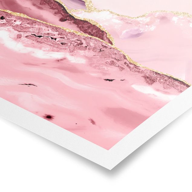 Billeder kunsttryk Abstract Mountains Pink With Golden Lines