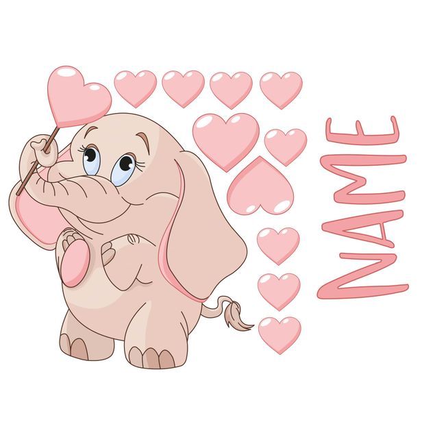 Wallstickers med egen tekst Pink Baby Elephant With Many Hearts