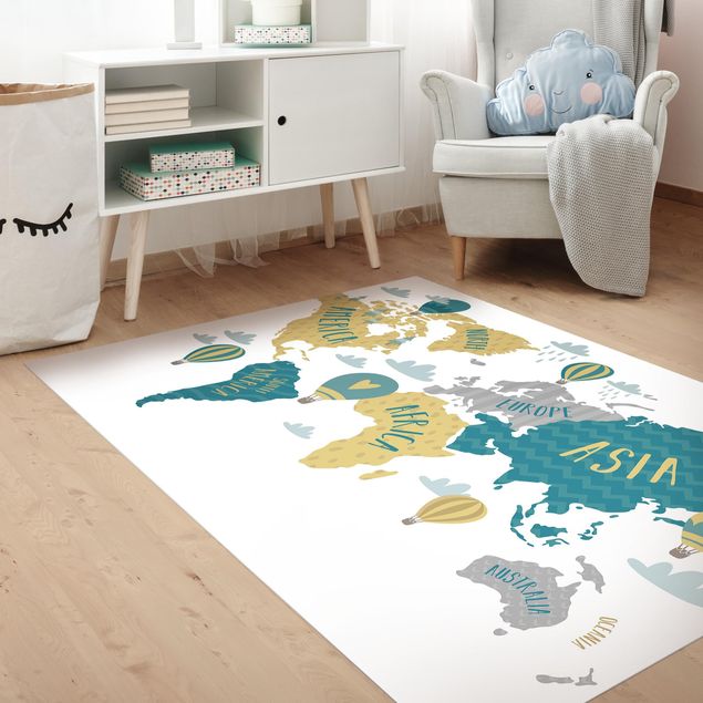 moderne tæppe World Map with Hot-Air Balloon