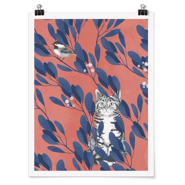 Plakater dyr Illustration Cat And Bird On Branch Blue Red