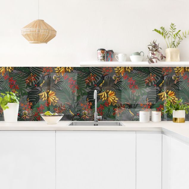Stænkplader blomster Tropical Ferns With Tucan Green