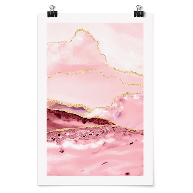 Plakater abstrakt Abstract Mountains Pink With Golden Lines