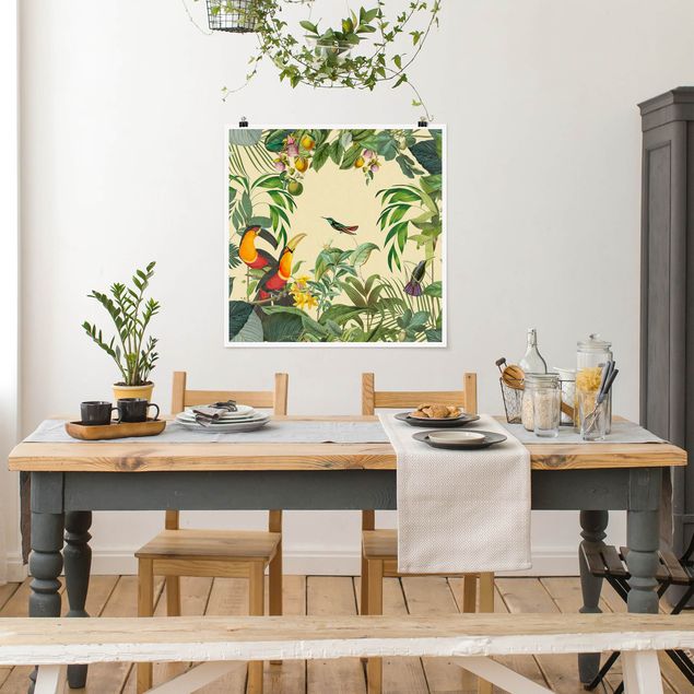 Plakater blomster Vintage Collage - Birds In The Jungle