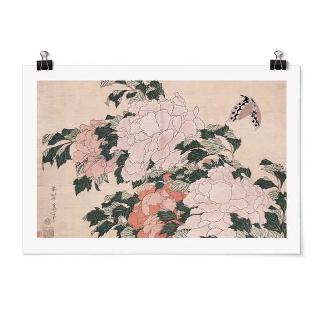 Plakater blomster Katsushika Hokusai - Pink Peonies With Butterfly