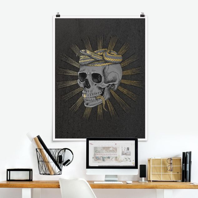 Plakater kunsttryk Illustration Skull And Snake Black Gold