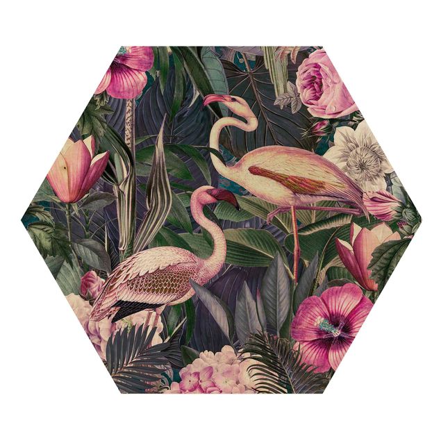 Billeder blomster Colorful Collage - Pink Flamingos In The Jungle