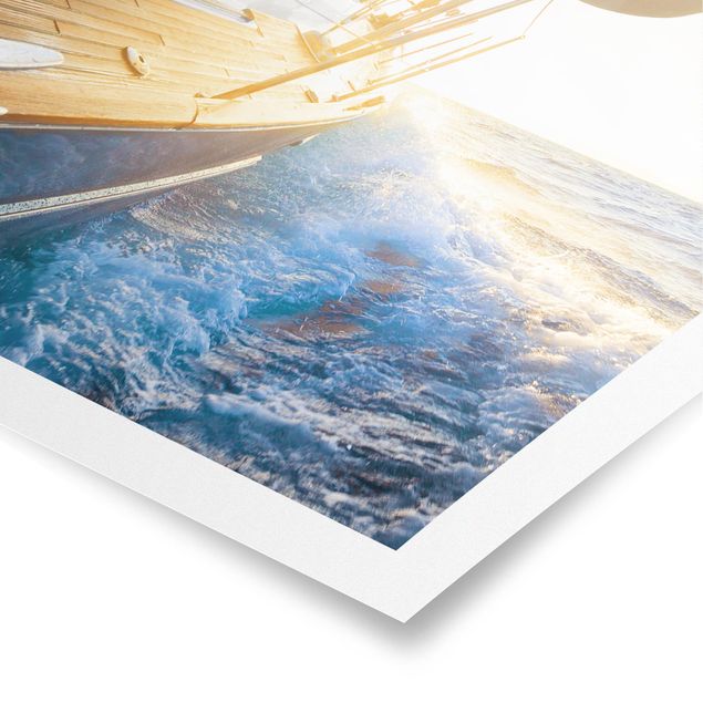 Plakater landskaber Sailboat On Blue Ocean In Sunshine