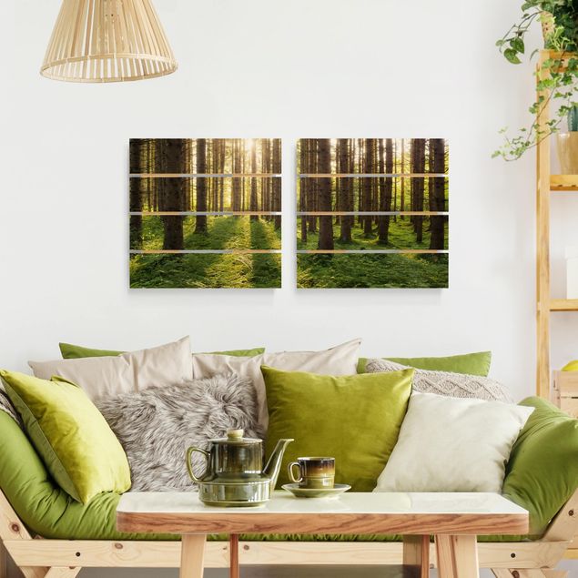 Prints på træ landskaber Sun Rays In Green Forest