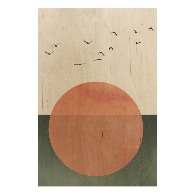 Prints på træ landskaber Flock Of Birds In Front Of Rising Sun