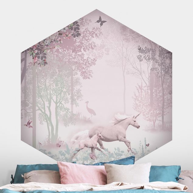 Børneværelse deco Unicorn On Flowering Meadow In Pink