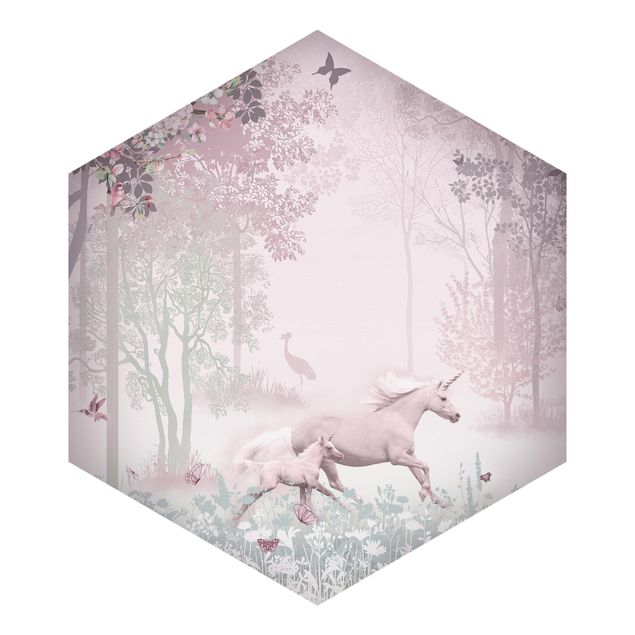 Lyserød tapet Unicorn On Flowering Meadow In Pink
