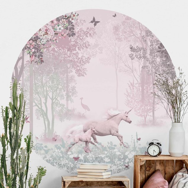 Børneværelse deco Unicorn On Flowering Meadow In Pink