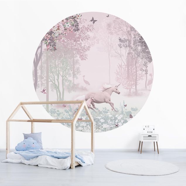 Moderne tapet Unicorn On Flowering Meadow In Pink