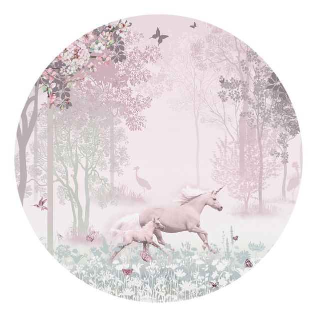 Fototapet lyserød Unicorn On Flowering Meadow In Pink