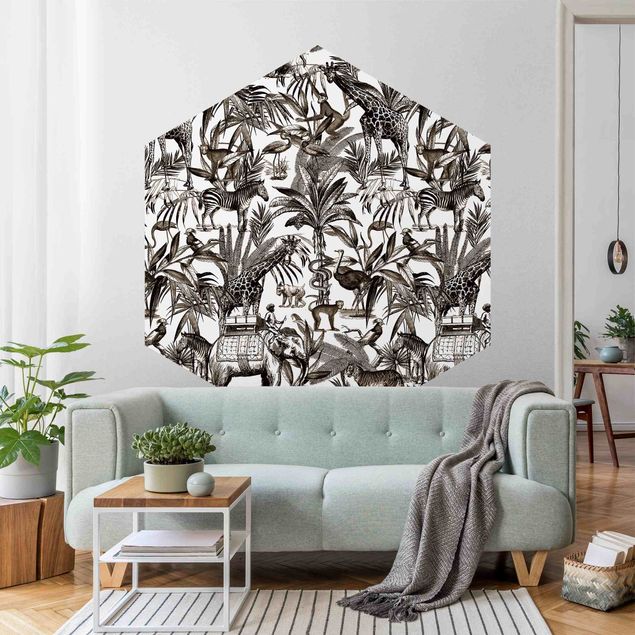 Tapet tiger Elephants Giraffes Zebras And Tiger Black And White With Brown Tone