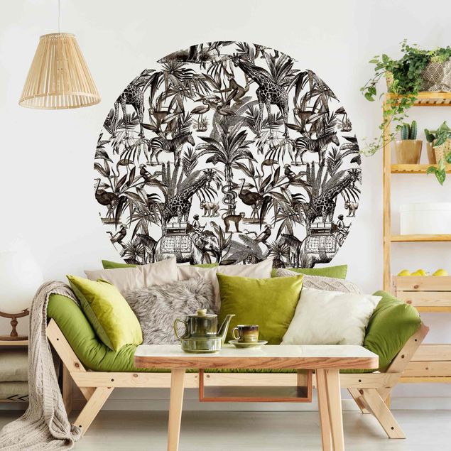 Tapet elefanter Elephants Giraffes Zebras And Tiger Black And White With Brown Tone