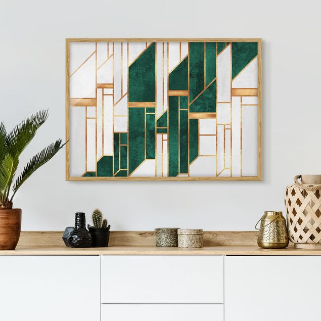 Indrammede plakater abstrakt Emerald And gold Geometry
