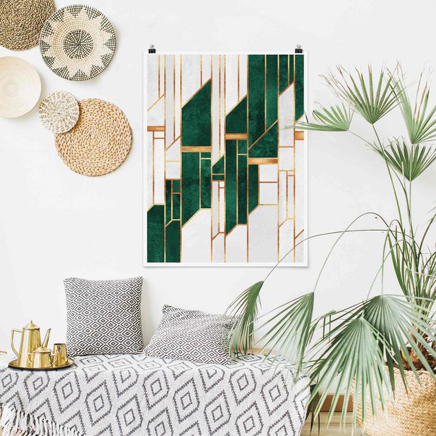 Plakater kunsttryk Emerald And gold Geometry