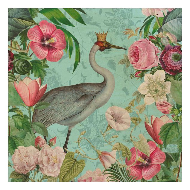 Prints på træ blomster Vintage Collage - Crane With Crown