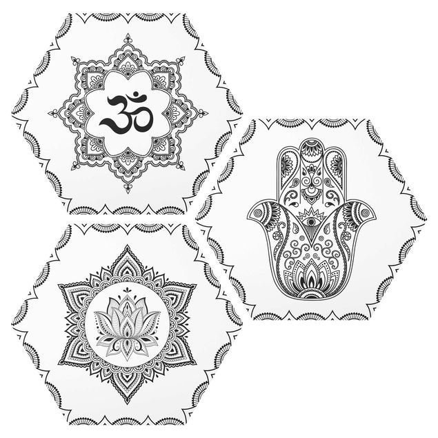 Billeder spirituelt Hamsa Hand Lotus OM Illustration Set Black And White