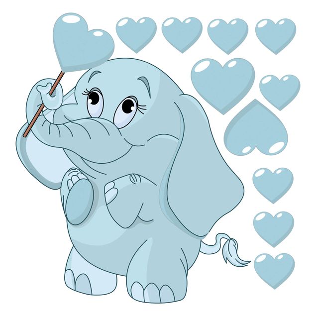 Wallstickers kære Baby Elephant With Blue Hearts