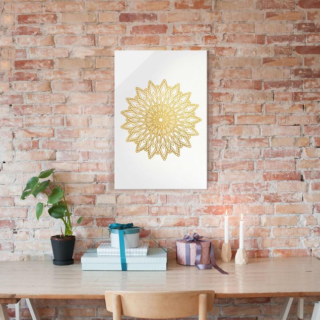 Glasbilleder spirituelt Mandala Sun Illustration White Gold