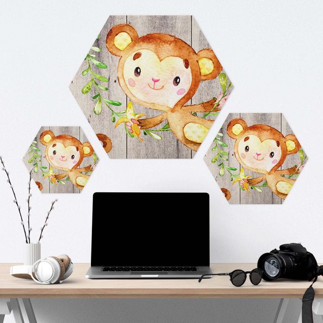 Sekskantede billeder Watercolor Monkey On Wood