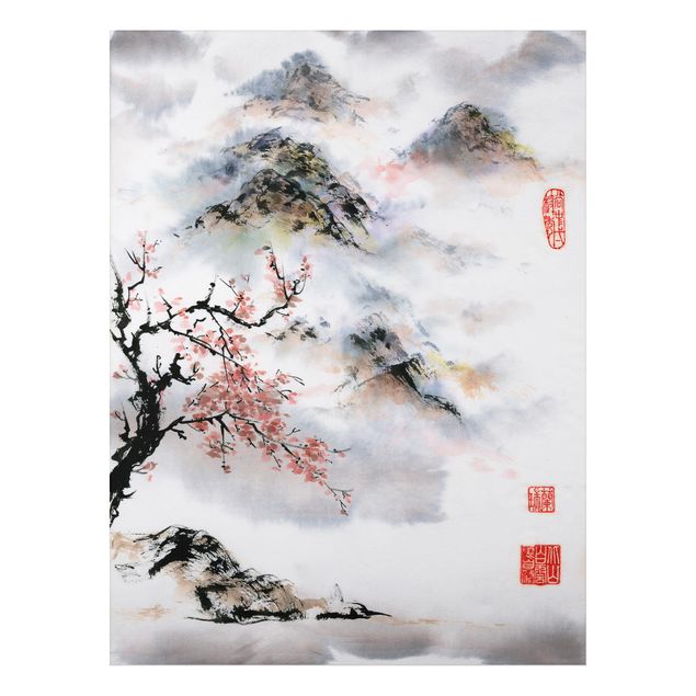 Billeder træer Japanese Watercolour Drawing Cherry Tree And Mountains