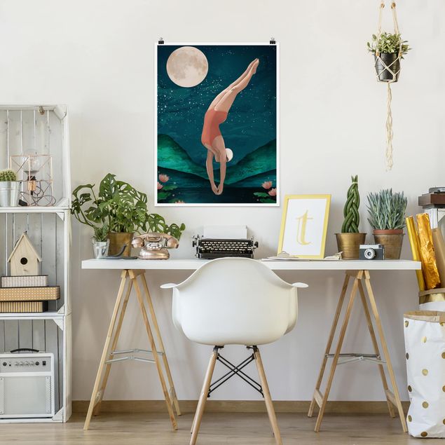 Billeder kunsttryk Illustration Bather Woman Moon Painting
