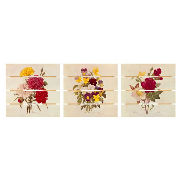 Prints på træ vintage Pierre Joseph Redouté - Roses Cloves Pansies
