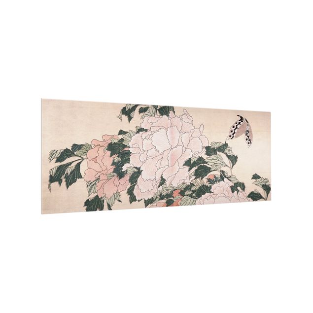 Stænkplader glas blomster Katsushika Hokusai - Pink Peonies With Butterfly