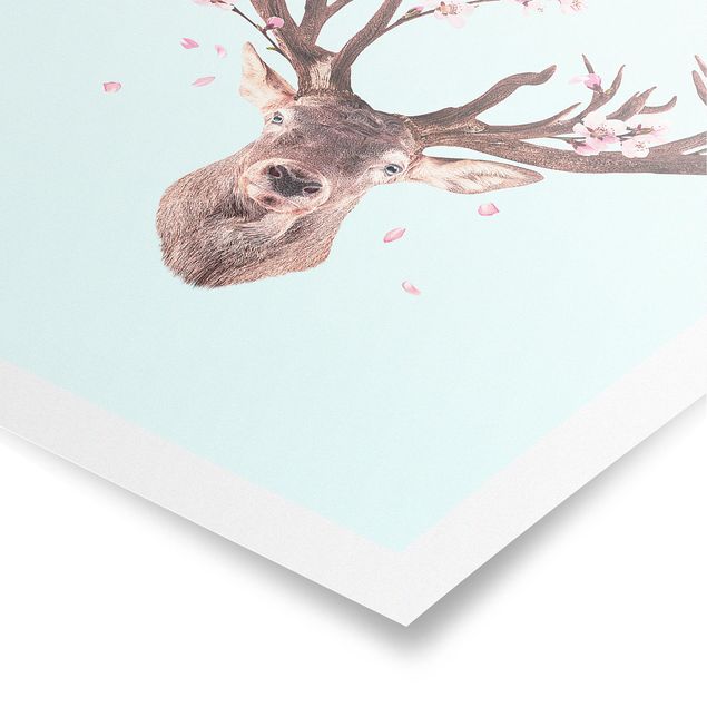 Plakater kunsttryk Deer With Cherry Blossoms