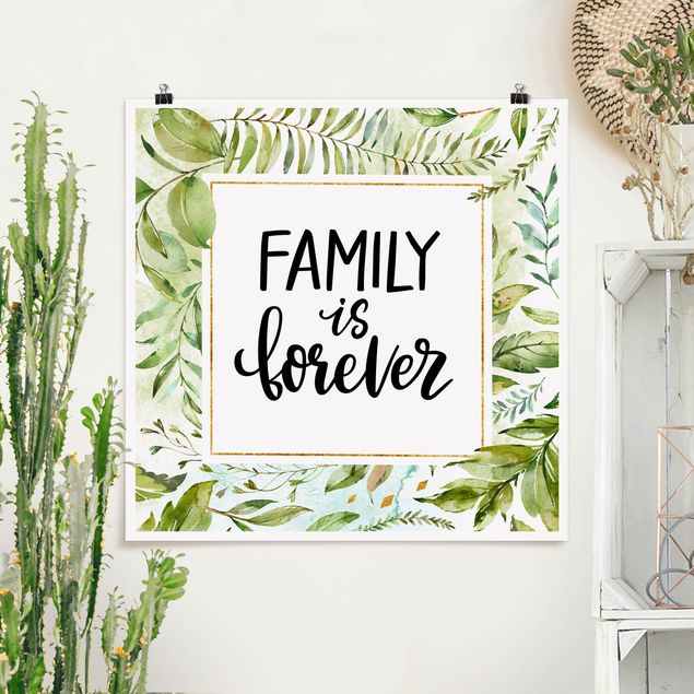 Poster - Family is forever in goldenem Rahmen mit Palmenwedeln - Quadrat 1:1