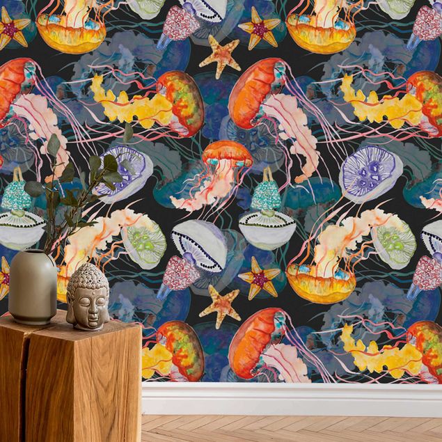 Mønstret tapeter Colourful Jellyfish - Roll