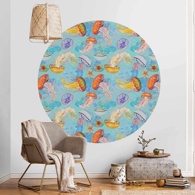 Tapet moderne Colourful Jellyfish On Blue