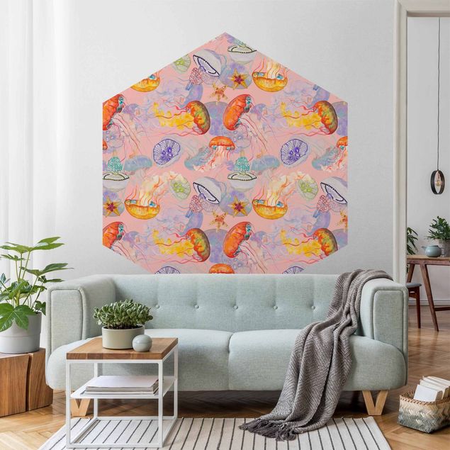 Moderne tapet Colourful Jellyfish On Pink