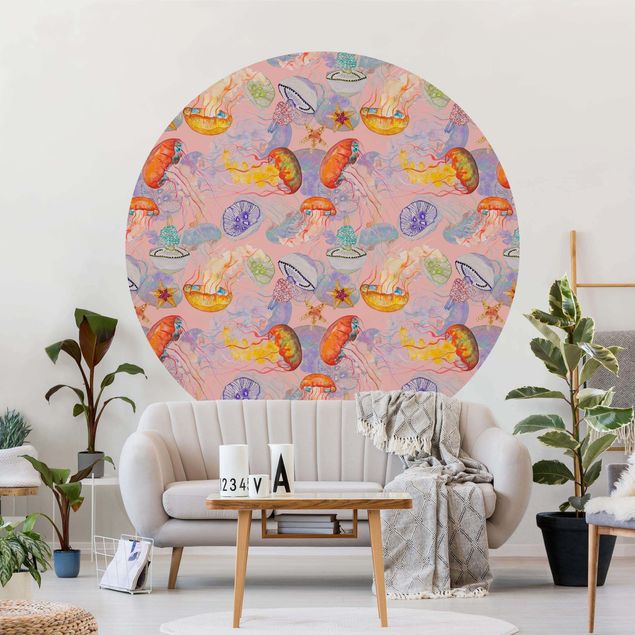 Moderne tapet Colourful Jellyfish On Pink