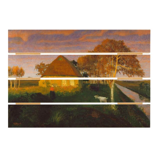 Prints på træ landskaber Otto Modersohn - Moor Cottage in the Evening Sun