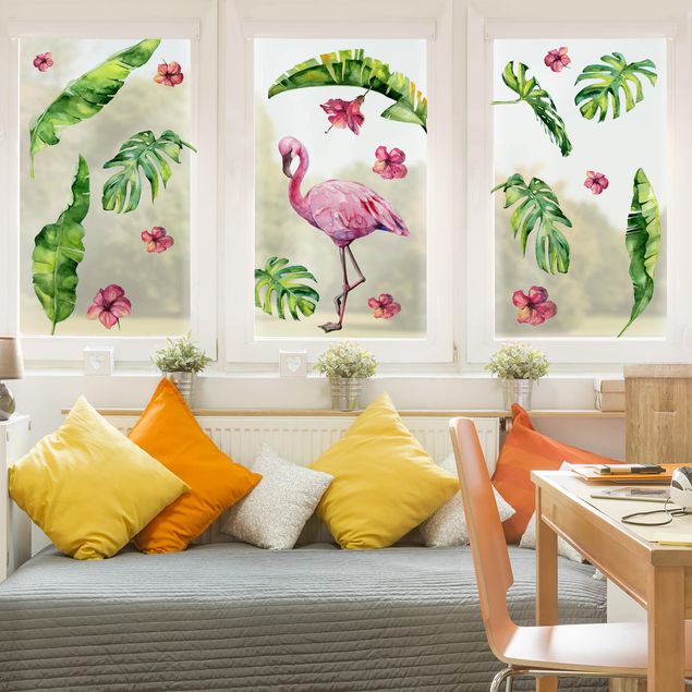 Vinduesklistermærker blomster Jungle Flamingo Leaves Set