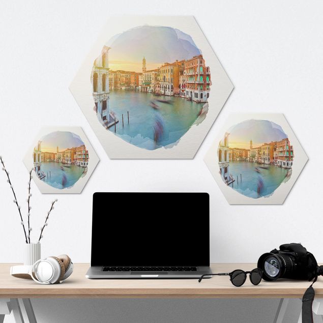 Hexagon Bild Alu-Dibond - Wasserfarben - Canale Grande Blick von der Rialtobrücke Venedig